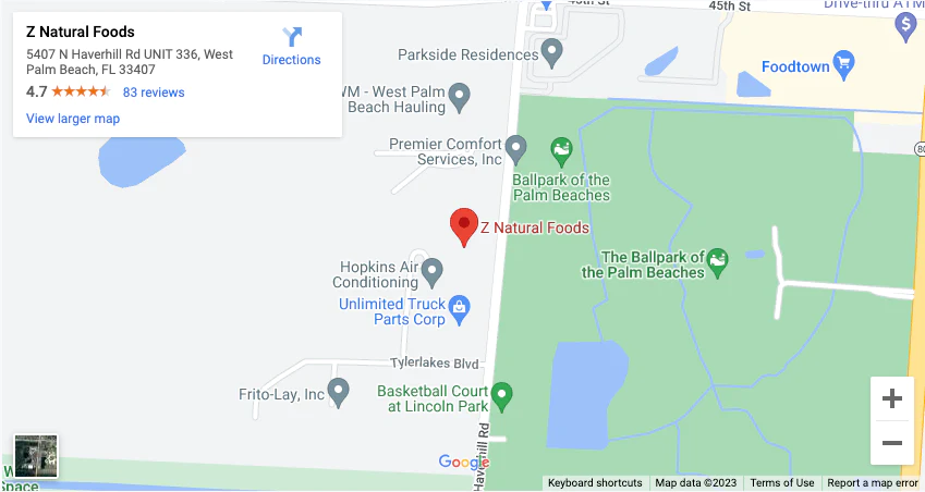 Photo of map showing location of Z Natural Foods in West Palm Beach that links to external Google Maps site