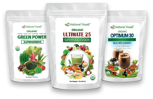 Z Natural foods Organic, 3 product showcase, Green Power Supergreens, Ultimate 25 Superfood Fusion, Optimum 30